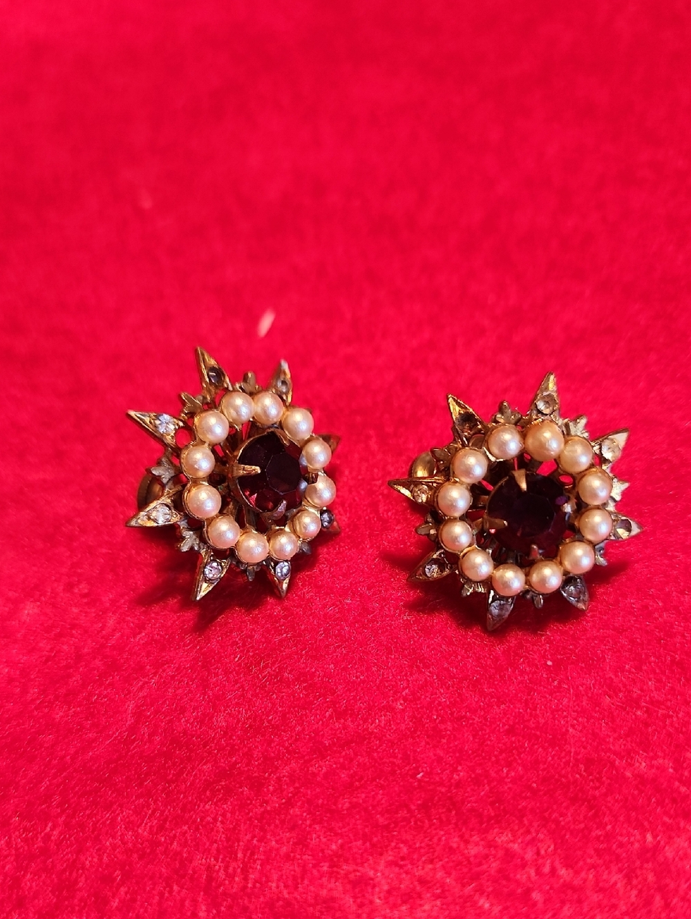 Vintage-Inspired Gold Pearl and Garnet Cluster Earrings